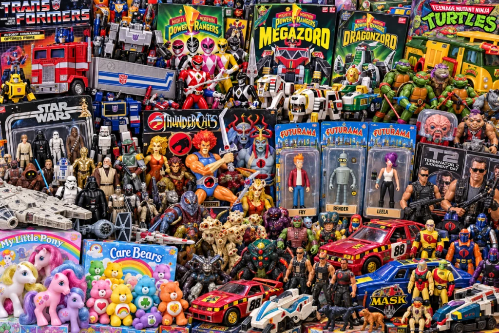 A crowded display of vintage toys and action figures