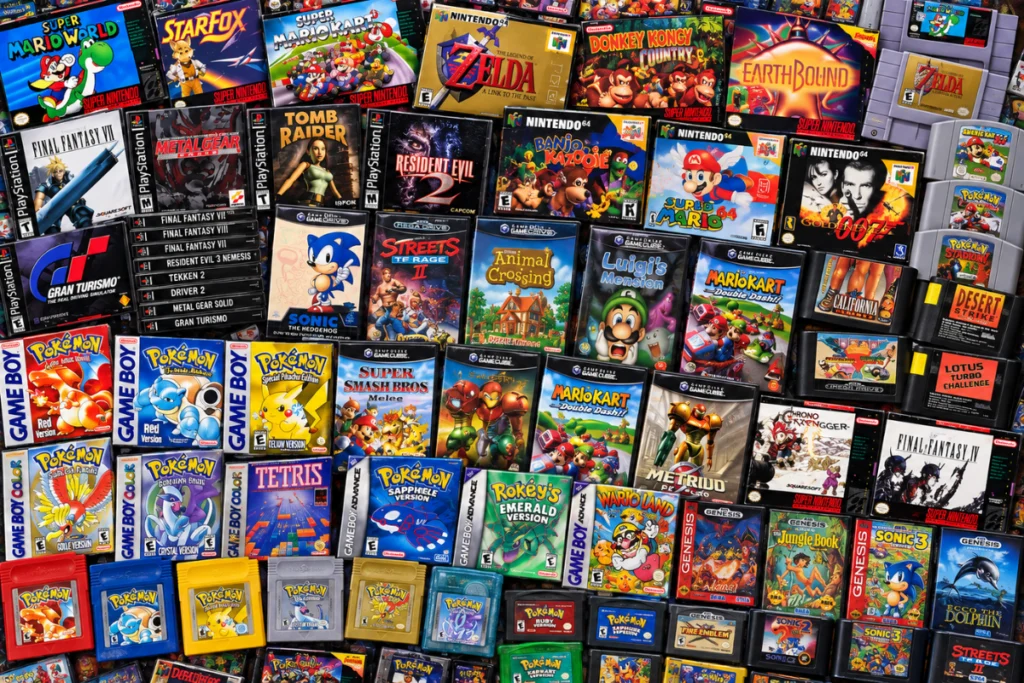 A collection of retro video game cartridges and boxes