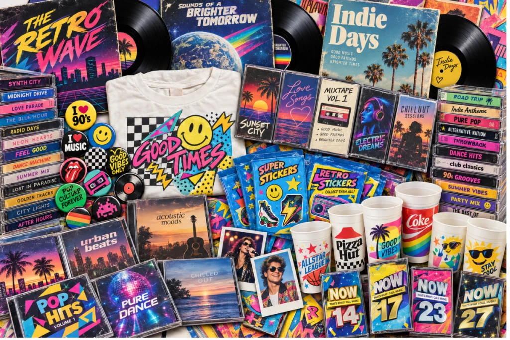 Retro pop-culture collectibles including vinyl records, posters, badges and merchandise