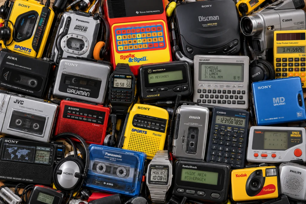 Retro personal stereos, cassette players and handheld gadgets