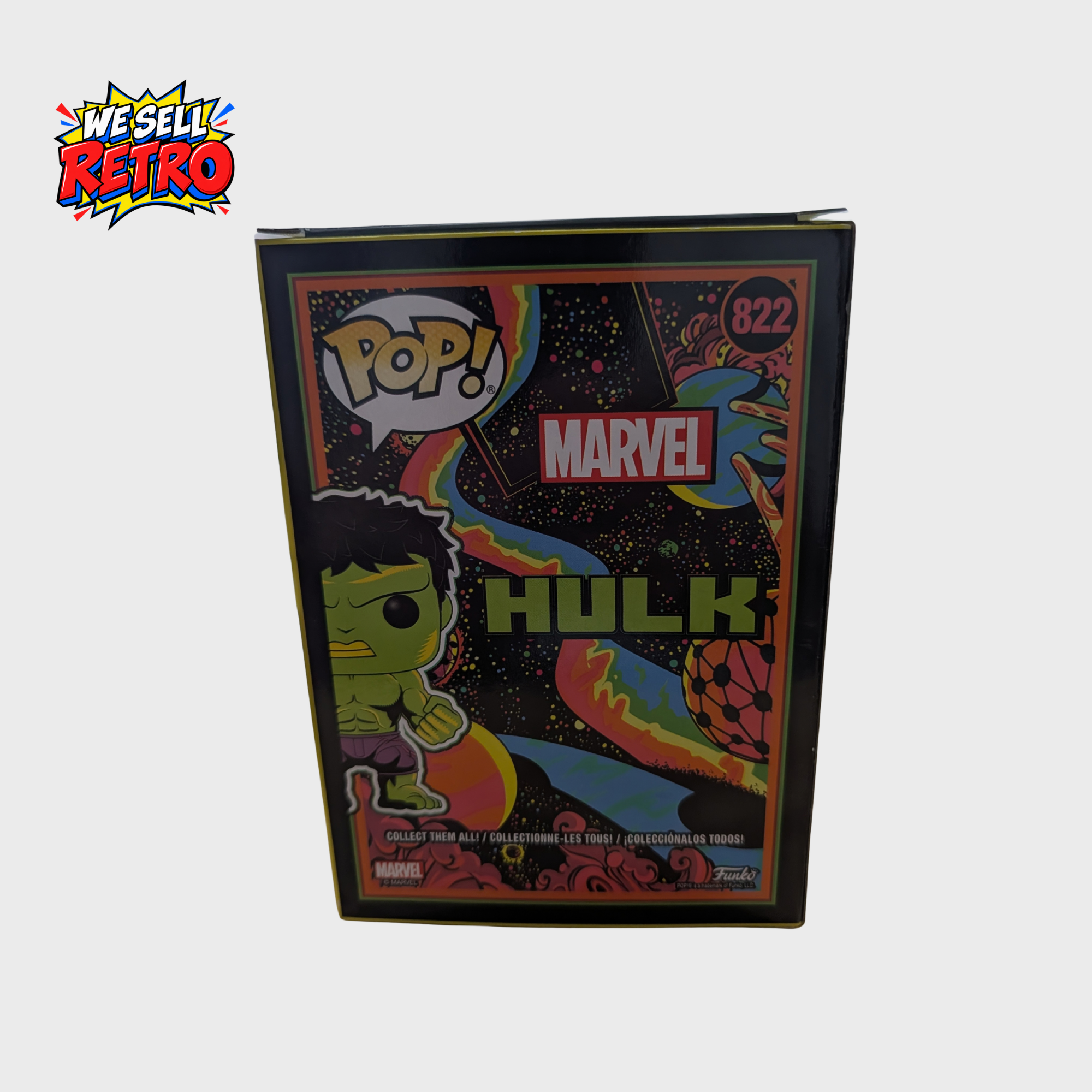 Funko Pop! Marvel Hulk #822 – Black Light Funko Shop Exclusive Funko Pop! Marvel Hulk #822 – Black Light Funko Shop Exclusive – back of actual item