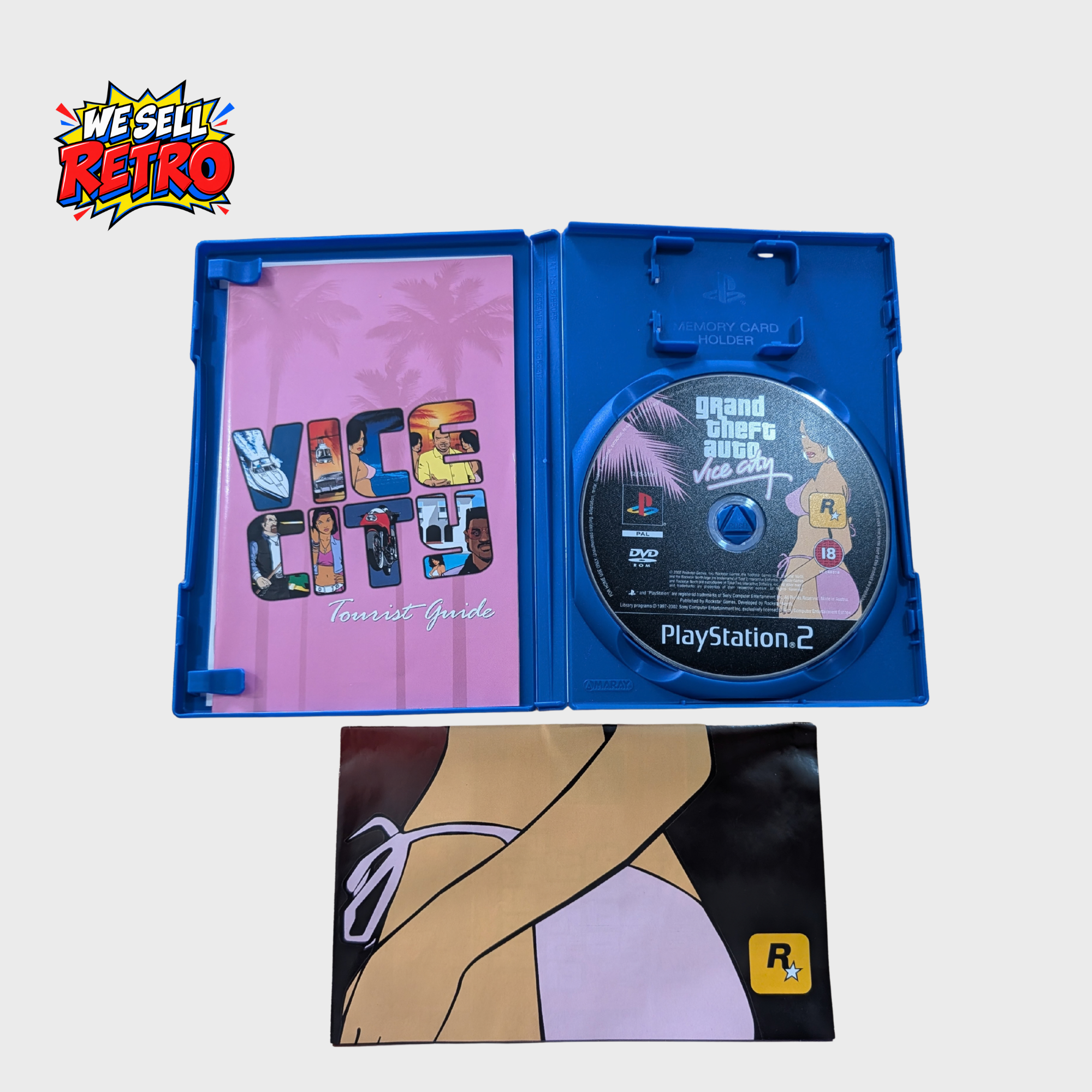 Grand Theft Auto Vice City PS2 – With Manual & Map Grand Theft Auto: Vice City – PS2 – With Manual & Foldout Insert – open case and contents