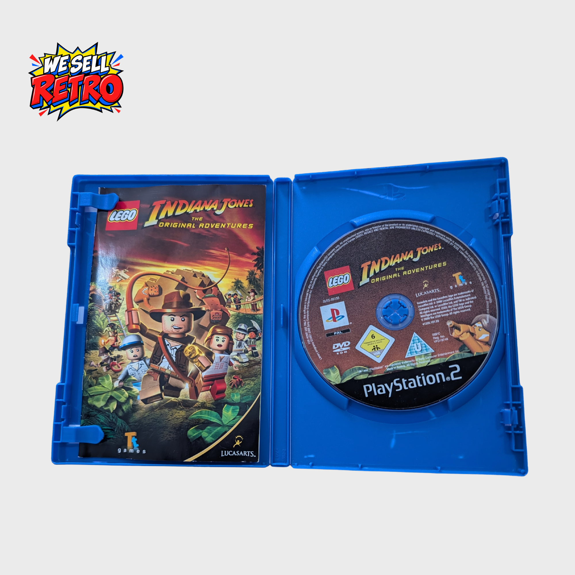 LEGO Indiana Jones PS2 The Original Adventures – With Manual LEGO Indiana Jones: The Original Adventures – PS2 – With Manual – open case and contents