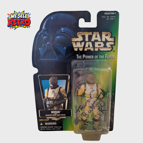 Home Front photograph of the actual Kenner 1997 Star Wars Bossk with signed blister in its original carded packaging