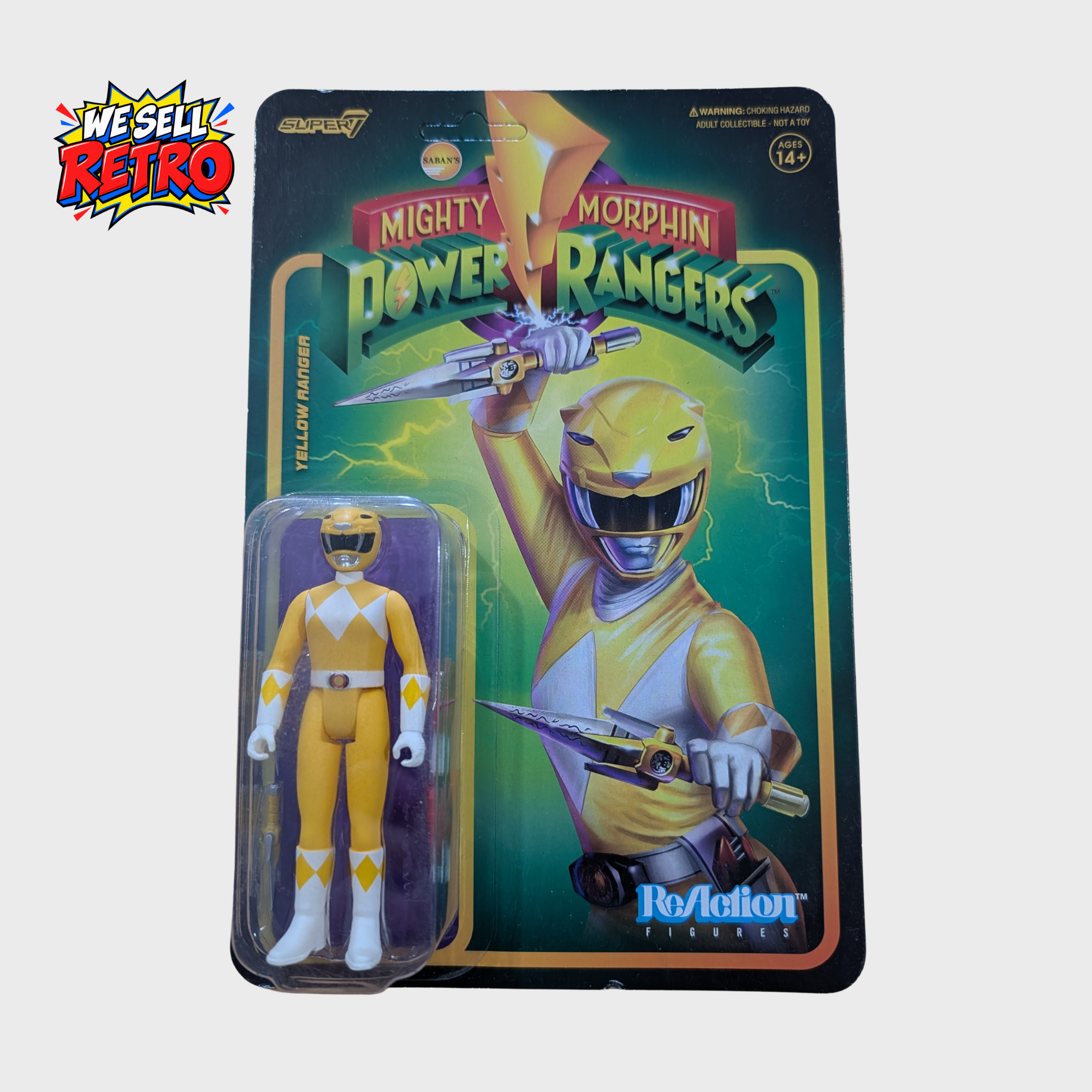 Super7 Power Rangers Yellow Ranger ReAction Figure – Unopened Carded Super7 Power Rangers Yellow Ranger ReAction figure – front of unopened carded figure