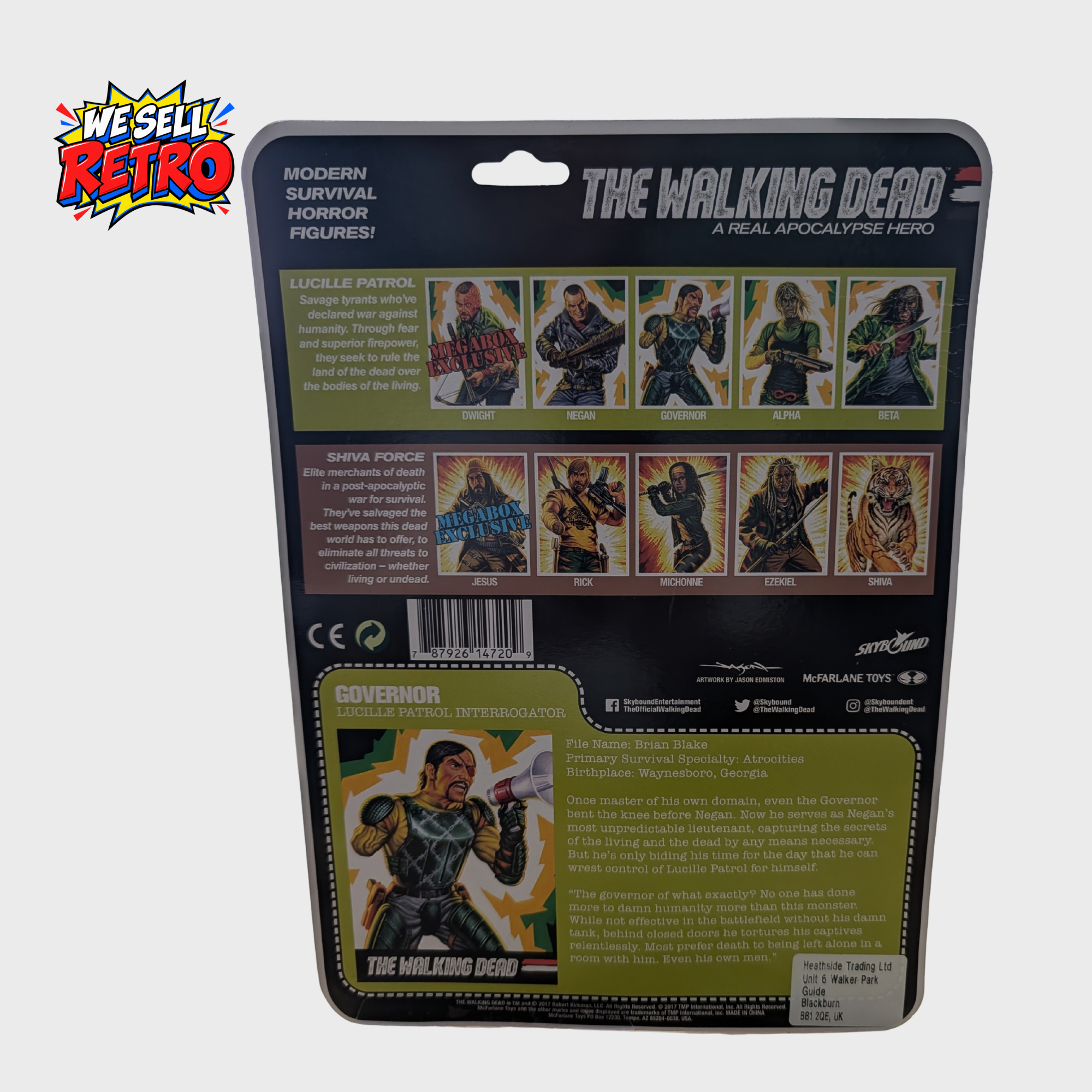The Walking Dead Governor – Lucille Patrol Bloody Variant – McFarlane Carded Figure Back photograph of the actual McFarlane The Walking Dead Governor Lucille Patrol bloody variant in its original carded packaging