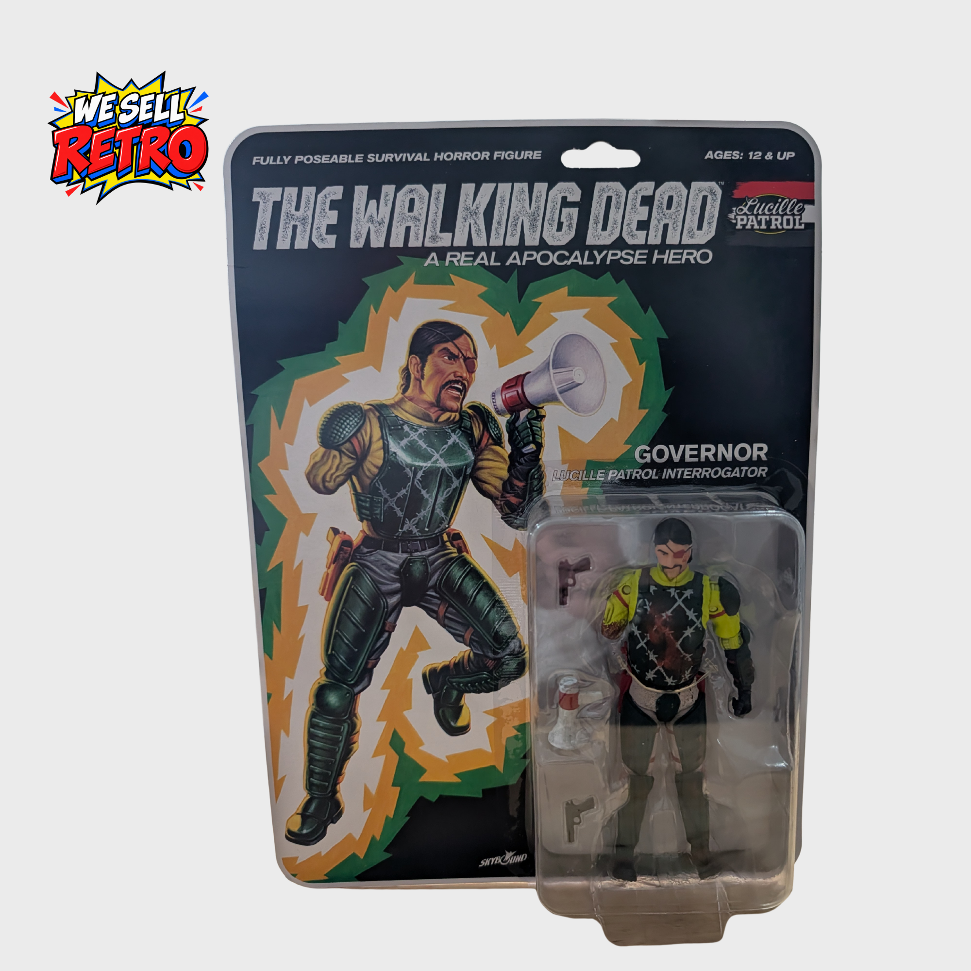 The Walking Dead Governor – Lucille Patrol Bloody Variant – McFarlane Carded Figure Front photograph of the actual McFarlane The Walking Dead Governor Lucille Patrol bloody variant in its original carded packaging